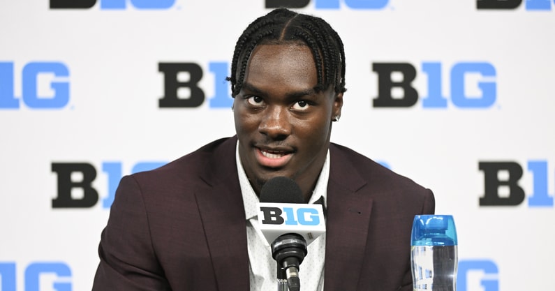 Michigan State Spartans running back Nathan Carter speaks to the media during the Big 10 football media day at Lucas Oil Stadium. - Robert Goddin, USA TODAY Sports