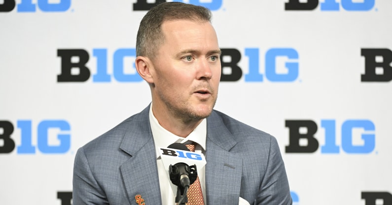 USC Trojans head coach Lincoln Riley speaks to the media during the Big 10 football media day at Lucas Oil Stadium