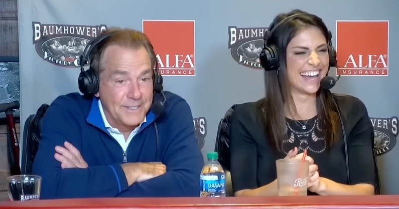 Nick Saban and Jenny Dell during a Hey Coach radio show