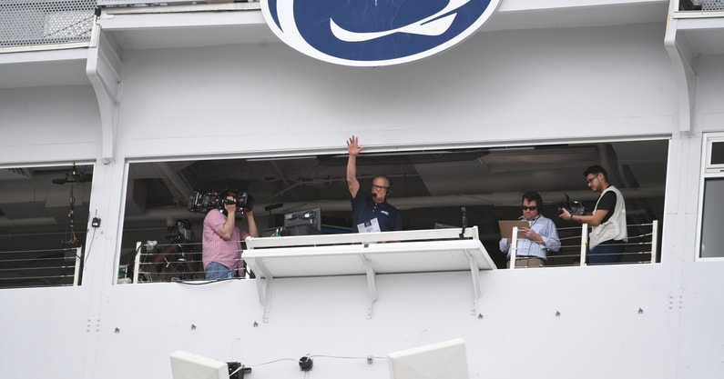 Big Ten Network broadcaster and Penn State legend Matt Millen waves to the Beaver Stadium crowd during a Blue-White game broadcast. (Manuel/The Football Letter)