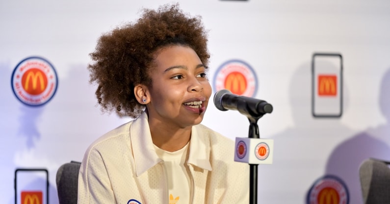 McDonald's All American East guard Madisen McDaniel speaks during a press conference at JW Marriott Houston by The Galleria. Mandatory Credit: Maria Lysaker-USA TODAY Sports