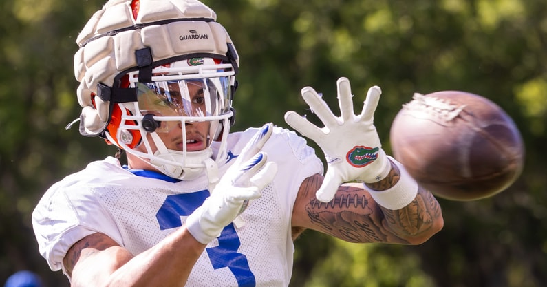 Florida Gators wide receiver Eugene Wilson III (3) hauls in a pass while taking balls from a throwing machine during University of Florida Gators’ Spring football practice at Sanders Practice Fields in Gainesville, FL on Thursday, March 28, 2024. [Doug Engle/Gainesville Sun]