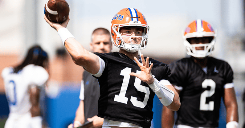 Florida Gators quarterback Graham Mertz (15) throws the ball during fall football practice at Heavener Football Complex at the University of Florida in Gainesville, FL on Wednesday, July 31, 2024. [Matt Pendleton/Gainesville Sun]