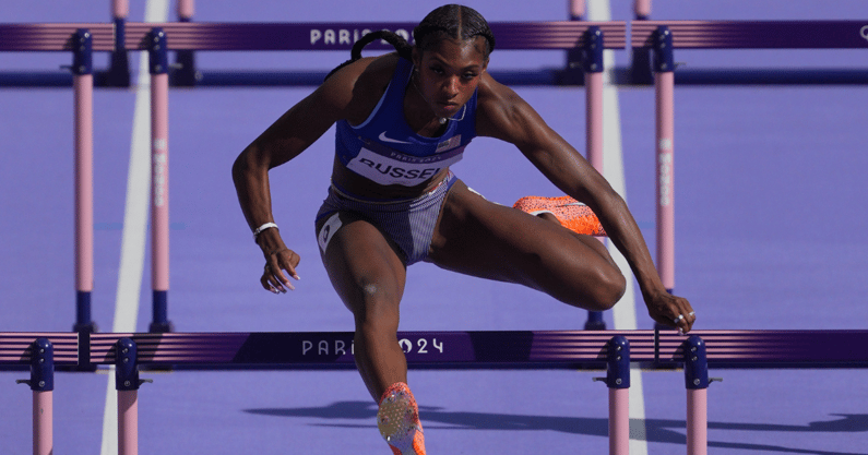 Aug 7, 2024; Saint-Denis, FRANCE; Masai Russell (USA) in women's 100m hurdles round 1 heats during the Paris 2024 Olympic Summer Games at Stade de France. Mandatory Credit: James Lang-USA TODAY Sports