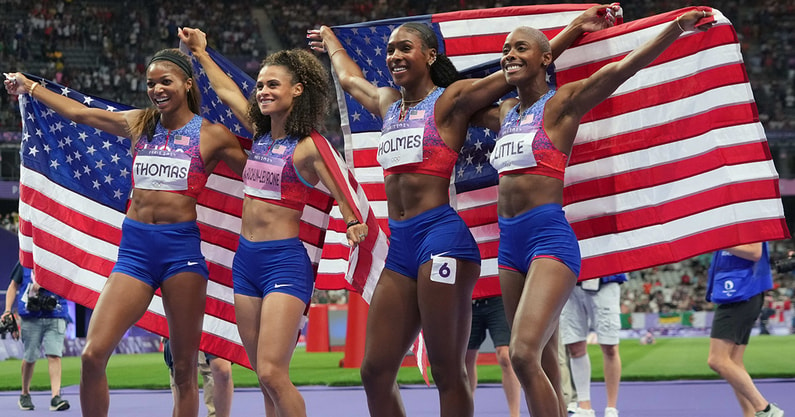 U.S. women's 4x400m relay team after winning the gold medal at the 2024 Paris Olympics