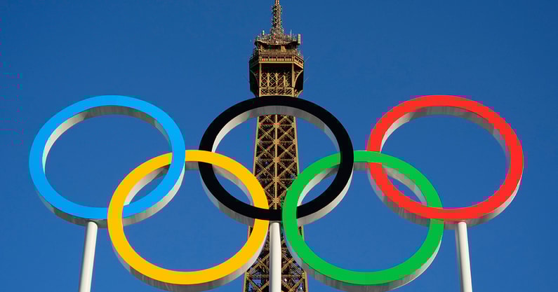 Rings in front of the Eiffel Tower at the 2024 Paris Olympics