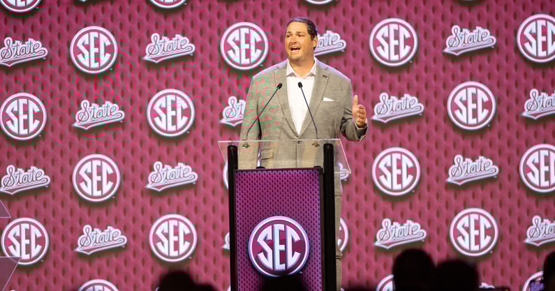 Mississippi State head coach Jeff Lebby speaking at Omni Dallas Hotel. Mandatory Credit: Brett Patzke-USA TODAY Sports