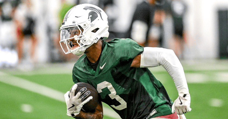 Michigan State's Montorie Foster Jr. runs after a catch during camp on Monday, Aug. 5, 2024, at the indoor practice facility in East Lansing - Nick King, USA TODAY Sports