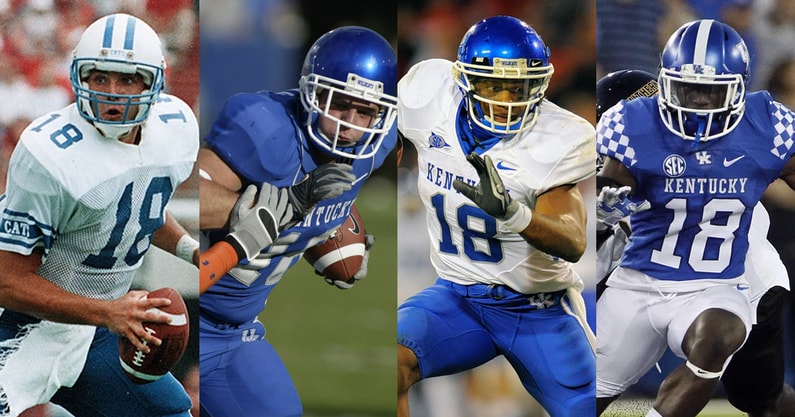 Kentucky Football players who have worn No. 18: Freddie Maggard, Jacob Tamme, Randall Cobb, Boom Williams (Photos via USA Today Sports)
