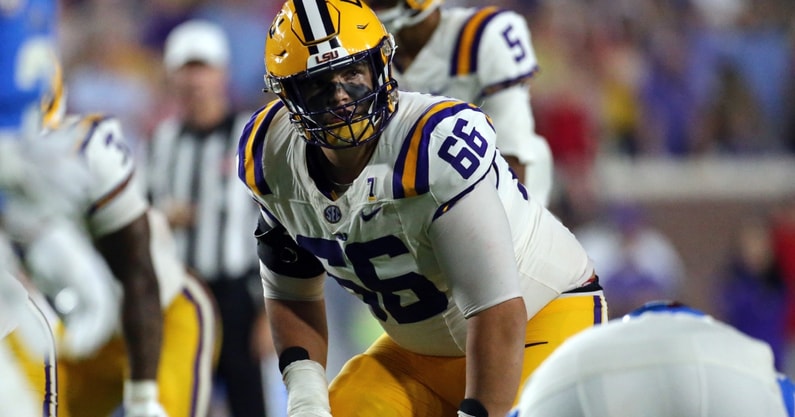 Sep 30, 2023; Oxford, Mississippi, USA; LSU Tigers offensive linemen Will Campbell (66) lines up before the snap during the second half against the Mississippi Rebels at Vaught-Hemingway Stadium. Mandatory Credit: Petre Thomas-USA TODAY Sports