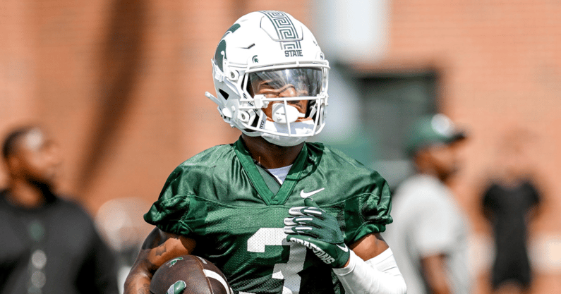 Michigan State's Montorie Foster Jr. runs after a catch during the first day of football camp on Tuesday, July 30, 2024, in East Lansing - Nick King, USA TODAY Sports