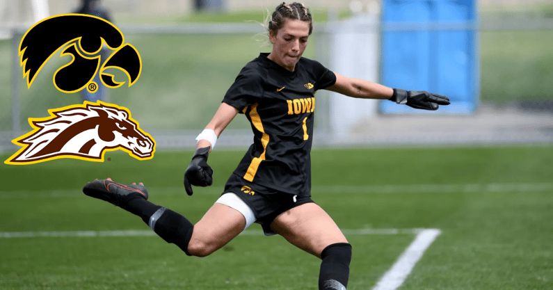 Iowa goalkeeper plays a ball in a game during the 2023 season. (Photo by UI Athletics)