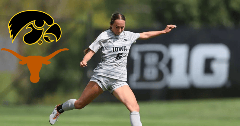 Iowa midfielder Rielee Fetty plays a ball in a Big Ten Conference Game. (Photo by Stephen Mally/UI Athletics)