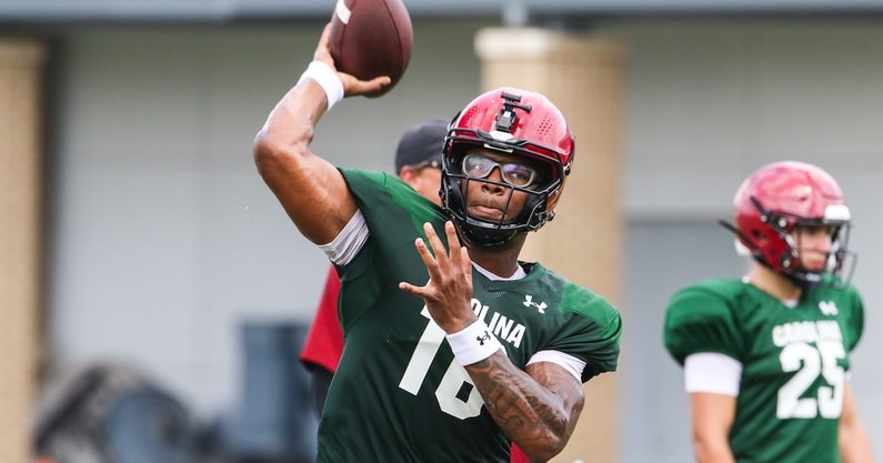 South Carolina QB LaNorris Sellers throws a pass during practice (Photo: Katie Dugan | GamecockCentral.com)