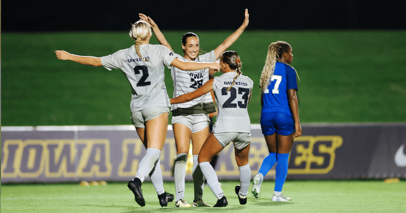 Iowa midfielder Kenzie Roling celebrates scoring a goal against FGCU. (Photo by UI Athletics)