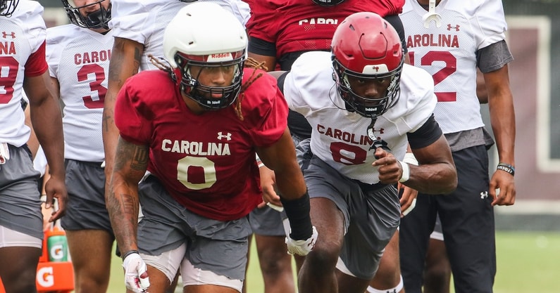 South Carolina football's Debo Williams and Nyck Harbor go through a drill in practice (Photo: Katie Dugan | GamecockCentral.com)