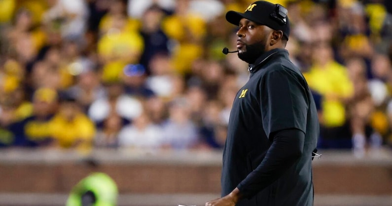 Aug 31, 2024; Ann Arbor, Michigan, USA;  Michigan Wolverines head coach Sherrone Moore looks on from the sideline in the first half against the Fresno State Bulldogs at Michigan Stadium. Mandatory Credit: Rick Osentoski-USA TODAY Sports