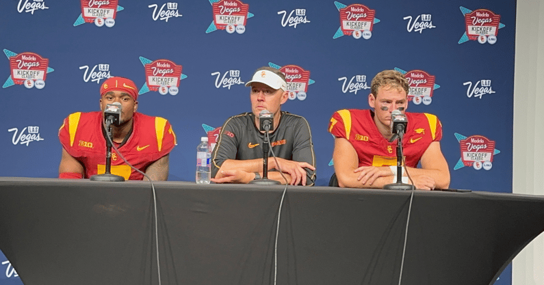 USC safety Kamari Ramsey, head coach Lincoln Riley and Miller Moss speak to the media following the Trojans' 27-20 win against LSU