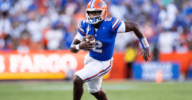 Aug 31, 2024; Gainesville, Florida, USA; Florida Gators quarterback DJ Lagway (2) runs with the ball against the Miami Hurricanes during the second half at Ben Hill Griffin Stadium. Mandatory Credit: Matt Pendleton-USA TODAY Sports
