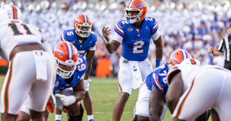 Aug 31, 2024; Gainesville, Florida, USA; Florida Gators quarterback DJ Lagway (2) gestures against the Miami Hurricanes during the second half at Ben Hill Griffin Stadium. Mandatory Credit: Matt Pendleton-USA TODAY Sports