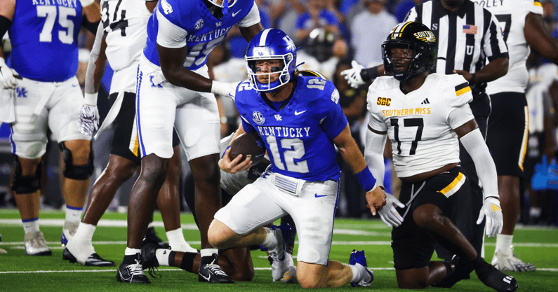 Kentucky QB Brock Vandagriff after taking a hard hit