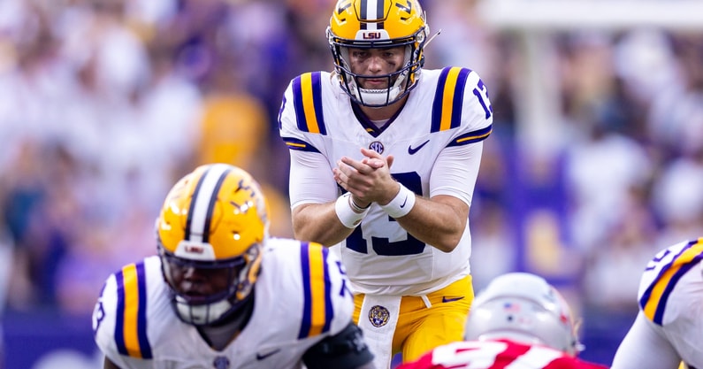 LSU QB Garrett Nussmeier threw for a career-high 6 TD vs. Nicholls (Photo: © Stephen Lew-Imagn Images)