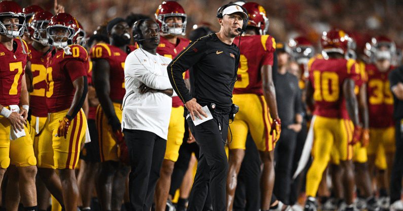 USC Trojans head coach Lincoln Riley reacts against the Utah State Aggies during the first quarter at United Airlines Field at Los Angeles Memorial Coliseum