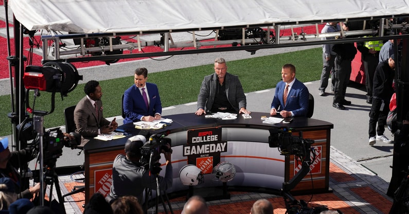 Oct 21, 2023; Columbus, Ohio, USA; The ESPN College Gameday crew broadcasts from the field prior to the NCAA football game between the Ohio State Buckeyes and the Penn State Nittany Lions at Ohio Stadium. Credit: © Adam Cairns/Columbus Dispatch / USA TODAY NETWORK