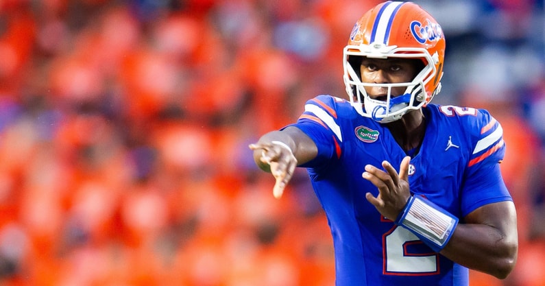 Florida Gators quarterback DJ Lagway (2) throws a pass during the first half at Ben Hill Griffin Stadium in Gainesville, FL on Saturday, September 7, 2024 against the Samford Bulldogs. [Doug Engle/Gainesville Sun]