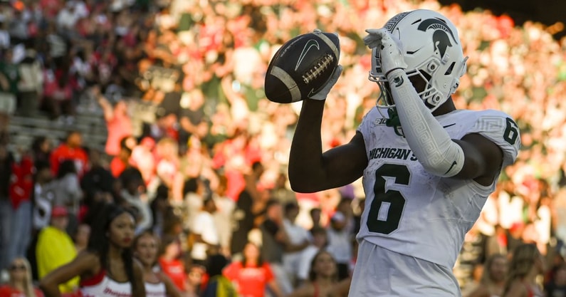 Michigan State Spartans wide receiver Nick Marsh (6) celebrates after scoring a touchdown during the second half against the Maryland Terrapins at SECU Stadium. - Tommy Gilligan, USA TODAY Sports