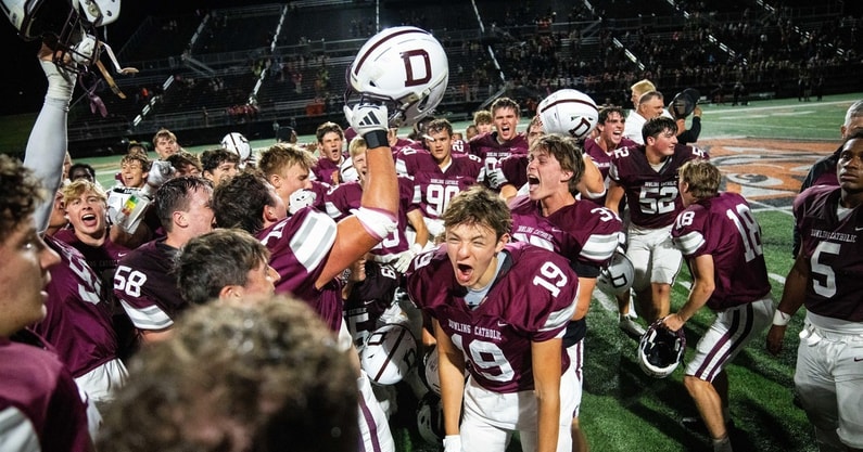 Dowling Catholic celebrates their overtime win over West Des Moines Valley on Friday, Sept. 6, 2024, at Valley Stadium.