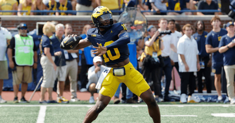 Michigan Wolverines football quarterback Alex Orji threw a touchdown pass against Arkansas State. (Photo by Rick Osentoski-Imagn Images)
