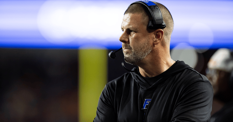 Sep 7, 2024; Gainesville, Florida, USA; Florida Gators head coach Billy Napier looks on against the Samford Bulldogs during the second half at Ben Hill Griffin Stadium. Mandatory Credit: Matt Pendleton-Imagn Images