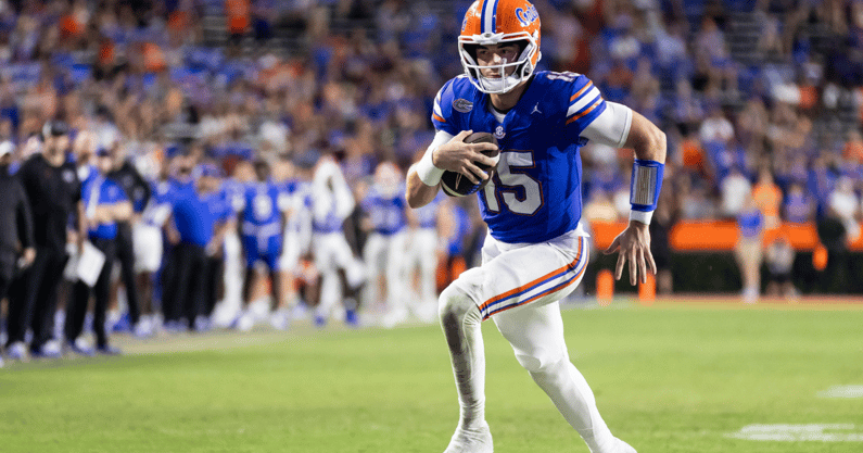 Sep 14, 2024; Gainesville, Florida, USA; Florida Gators quarterback Graham Mertz (15) rushes with the ball against the Texas A&M Aggies during the second half at Ben Hill Griffin Stadium. Mandatory Credit: Matt Pendleton-Imagn Images