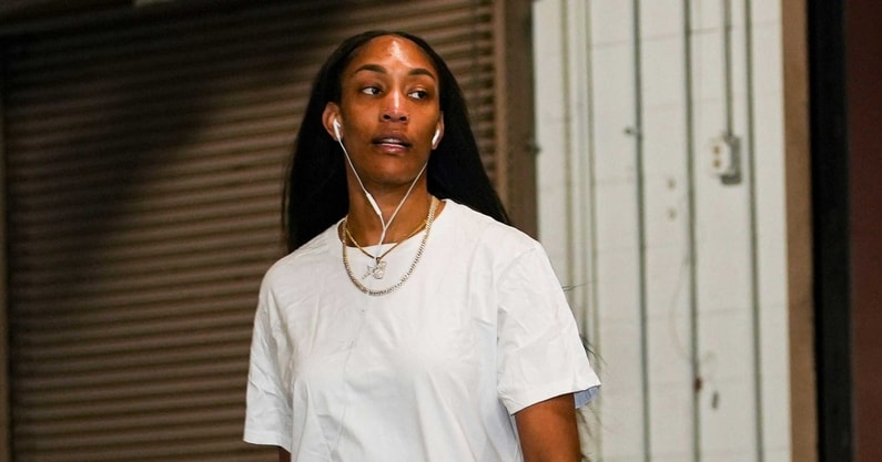 Las Vegas Aces center A'ja Wilson (22) arrives Wednesday, Sept. 11, 2024, during a game between the Indiana Fever and the Las Vegas Aces at Gainbridge Fieldhouse in Indianapolis. © Grace Smith/IndyStar / USA TODAY NETWORK via Imagn Images