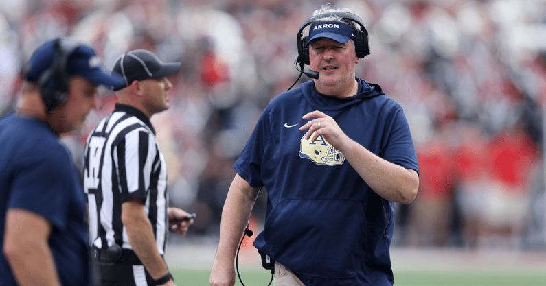 Aug 31, 2024; Columbus, Ohio, USA; Akron Zips head coach Joe Moorhead looks on during the second half against the Ohio State Buckeyes at Ohio Stadium. Mandatory Credit: Joseph Maiorana-Imagn Images