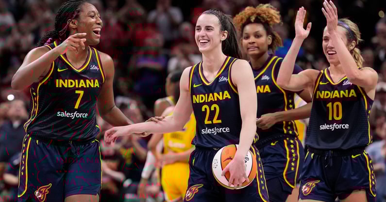 Indiana Fever forward Aliyah Boston (7) celebrates with Indiana Fever guard Caitlin Clark (22) (Photo by Grace Hollars/IndyStar)