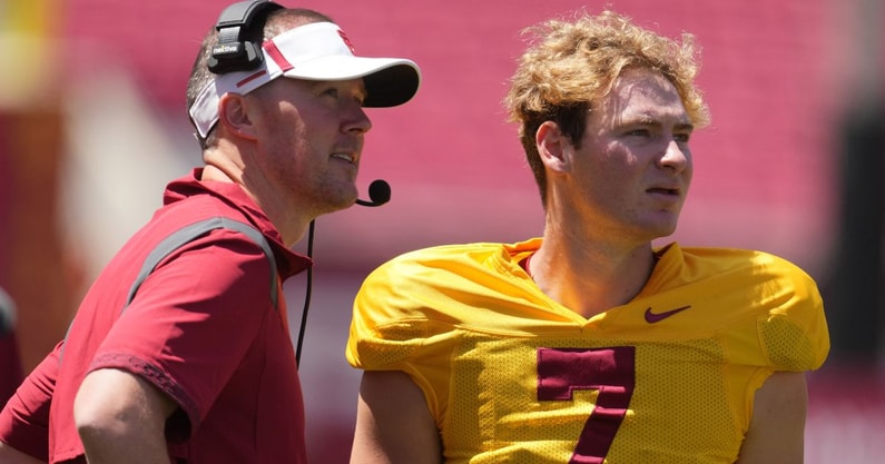 Lincoln Riley and Miller Moss by Kirby Lee-Imagn Images