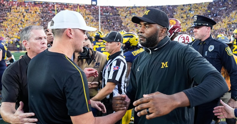 Michigan Wolverines football head coach Sherrone Moore welcomed Lincoln Riley to the Big Ten with a 27-24 loss at The Big House. (Photo by Junfu Han / USA TODAY NETWORK via Imagn Images)
