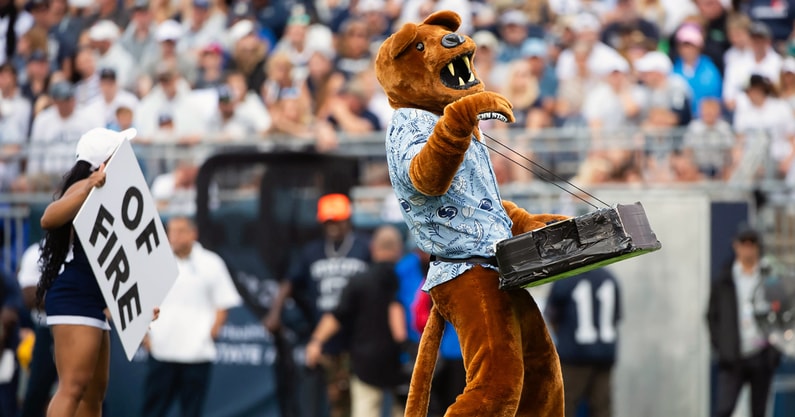 The Penn State Nittany Lion mascot jams out during the first half of an NCAA football game against Kent State, Saturday, Sept. 21, 2024, in State College, Pa. (Dan Rainville/USA Today Sports Network)