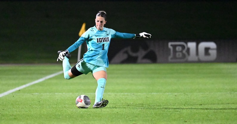 Iowa goalkeeper Macy Enneking takes a free kick against FGCU. (Photo by Dennis Scheidt)
