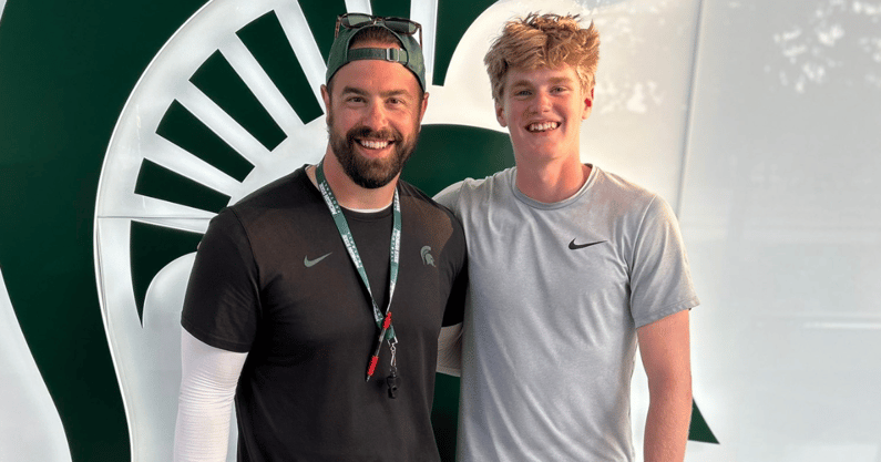 2026 Ohio TE PJ MacFarane with Michigan State tight ends coach Brian Wozniak