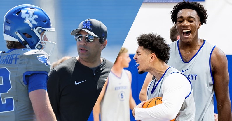 Left: Bush Hamdan talks to quarterback Brock Vandagriff during a game - Dr. Michael Huang, Kentucky Sports Radio; Right: Koby Brea and Amari Williams celebrate a play in practice - UK Athletics