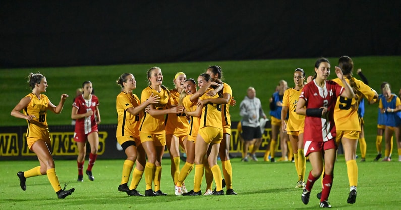 The Hawkeyes celebrate a goal by Sofia Bush in the Hawkeyes win over Nebraska. (Photo by Dennis Scheidt)