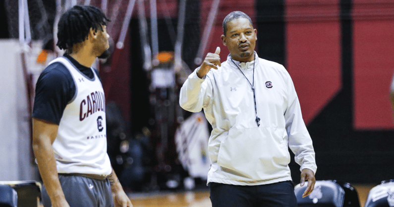 South Carolina basketball coach Lamont Paris and guard Jacobi Wright (Photo Credit: Katie Dugan/GamecockCentral)