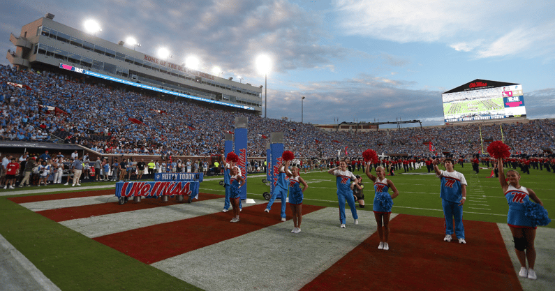 Mississippi Rebels Cheerleaders preforms prior to the game against the Georgia Southern Eagles at Vaught-Hemingway Stadium. Mandatory Credit: Petre Thomas-Imagn Images
