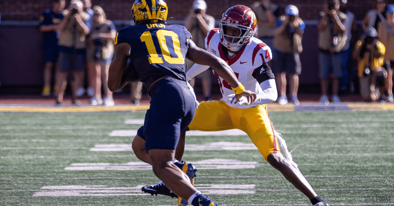 USC cornerback Jacobe Covington lines up a tackle against Michigan quarterback Alex Orji
