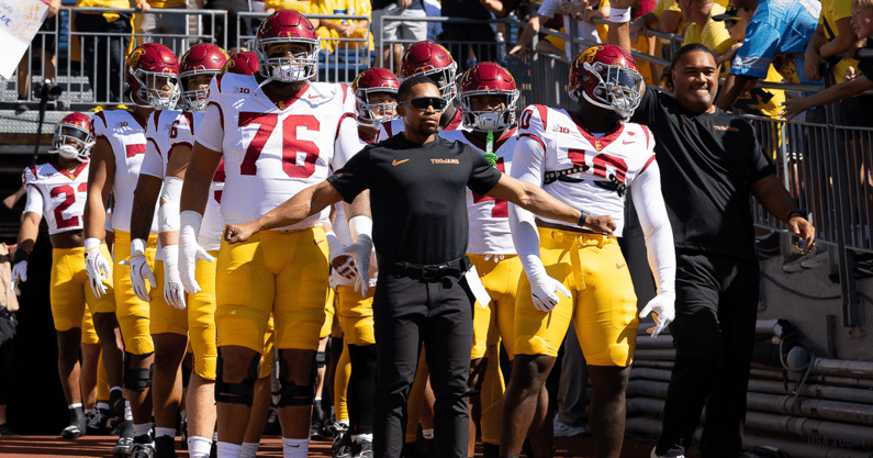 The USC Trojans prepare to take the field before a game against the Michigan Wolverines