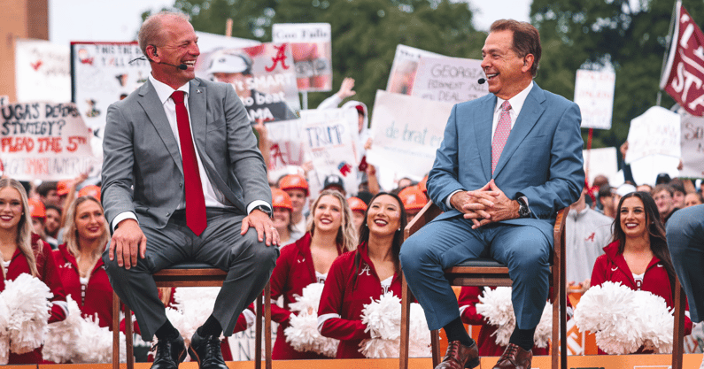 Alabama coaches Kalen DeBoer and Nick Saban