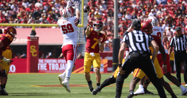 USC quarterback Miller Moss throws a pass against the Wisconsin Badgers during a game at the Los Angeles Memorial Coliseum